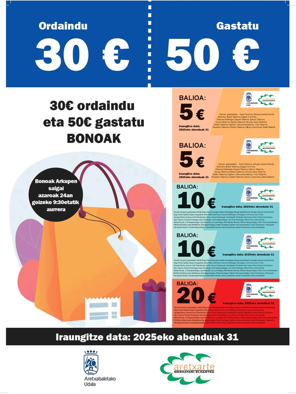 A partir del 24 de noviembre se pondrá en marcha la campaña de bonos para impulsar los comercios de Aretxabaleta