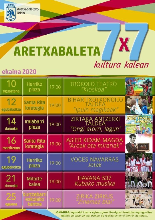 La actividad cultural regresa a Aretxabaleta con el programa ‘7x7 Kultura kalean’