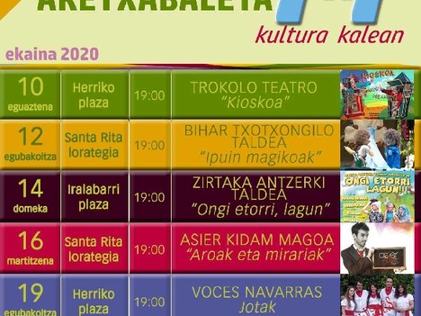 La actividad cultural regresa a Aretxabaleta con el programa ‘7x7 Kultura kalean’