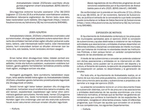 Publicadas las subvenciones del ayuntamiento de Aretxabaleta para 2025