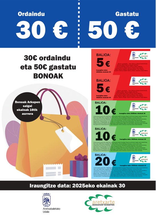 Aretxabaletako komertzioak bultzatzeko bonu kanpaina, Ekainaren 16an jarriko da martxan