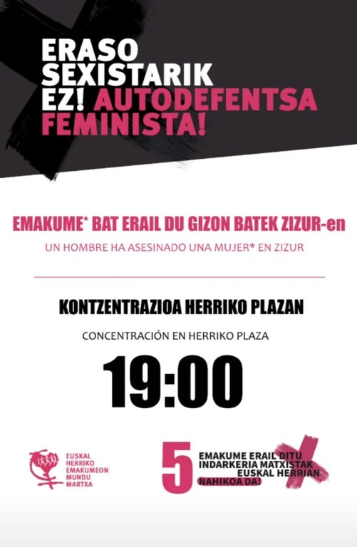 Aretxabaletako Udalak Zizur Nagusian eman zen erailketa matxista gaitzesten du